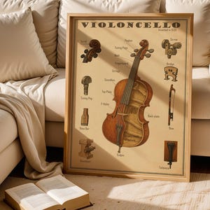 Może przedstawiać: Oprawiony wydruk zatytułowany "VIOLONCELLO" ze szczegółowymi ilustracjami części wiolonczeli. Wydruk zawiera schemat instrumentu, w tym główkę, kołki do strojenia, szyjkę, podstrunnicę, struny, pudło rezonansowe, płytę wierzchnią, otwory f, płytę tylną, kołek, smyczek i strunociąg.