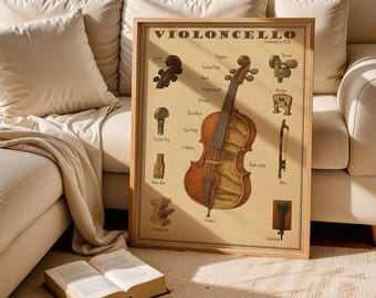 May include: A framed print titled "VIOLONCELLO" with detailed illustrations of a cello's parts. The print features a diagram of the instrument, including the pegbox, tuning pegs, neck, fingerboard, strings, soundbox, top plate, f-holes, back plate, endpin, bow, and tailpiece.