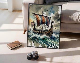 Impressão em aquarela de navio viking, decoração náutica para parede