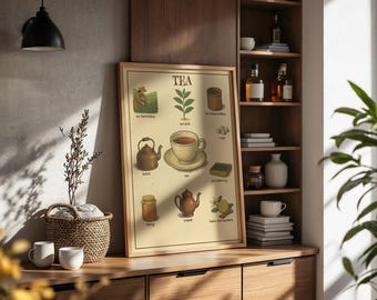 May include: A framed poster with the word "TEA" at the top, featuring illustrations of tea leaves, a teacup, and other tea-related items. The poster is displayed on a wooden cabinet with a basket and mugs.