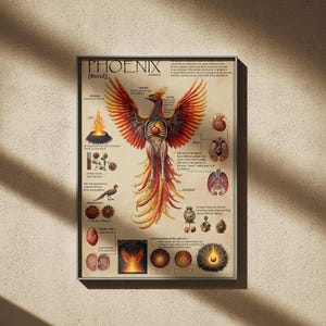 Peut inclure: Une illustration anatomique de style vintage d'un phénix, un oiseau mythique qui symbolise la renaissance et l'immortalité. L'illustration montre les organes internes du phénix, ses plumes et le processus de sa renaissance des cendres.