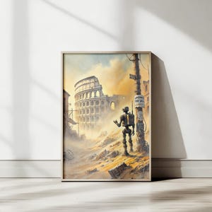 Post-apocalypskunst, Robot in Rome muurposter, uniek huisontwerp, originele aquareltekening, Sci Fi-poster, dystopische poster
