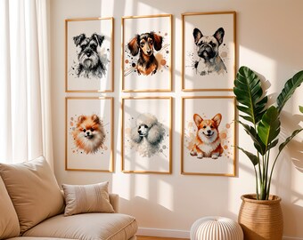 Puede incluir: Seis cuadros con acuarelas de diferentes razas de perros cuelgan de una pared. Las razas incluyen un Schnauzer, un Dachshund, un Bulldog francés, un Pomerania, un Caniche y un Corgi. Cada impresión presenta un retrato de perro.