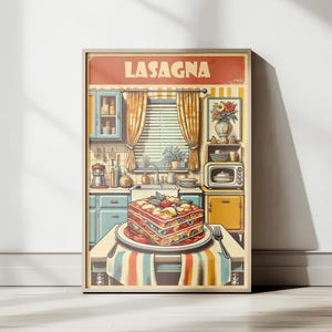 Vintage Lasagna print, Retro style poster, Kitchen decor, Bar wall art, Food art print, Foodie Gift, Lasagna illustration, Italian food