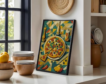 Cubism Pizza Poster, Retro Kitchen Wall Art