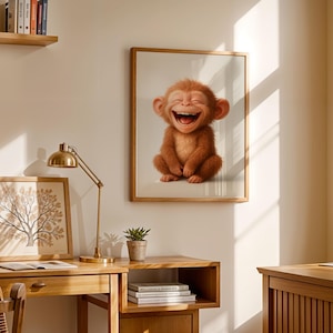 Cute monkey poster, Nursery wall art, Happy monkey art, Kids room poster, Animal lover gift, Baby animal print, Smiling monkey print