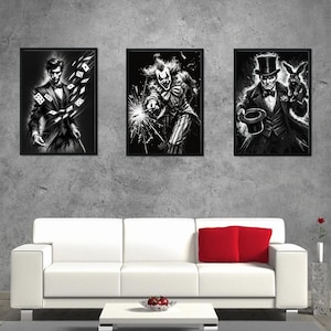 Conjunto de 3 láminas de circo, arte en blanco y negro, payaso, mago, tahúr, movimiento dinámico, regalo para amantes del circo, diseño de habitación elegante