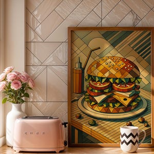 Burger wall art, Retro kitchen poster, Geometric food, Cubism style, Modern food print, Kitchen wall art, Funky diner decor