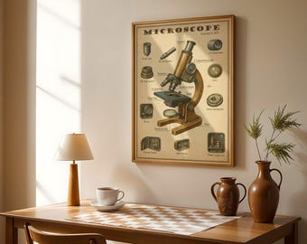 Póster de microscopio, Arte mural científico, Decoración de laboratorio vintage, Microscopio retro, Regalo científico, Tabla de microscopio
