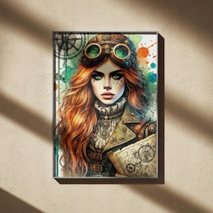 Femme avec une carte de style steampunk, dessin aquarelle original, art mural moderne, décoration vintage, affiche steampunk élégante, époque victorienne