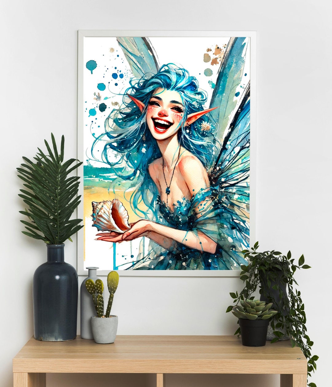 Charming Elf Girl With a Shell, Girl Laughing Art, Original Watercolor ...
