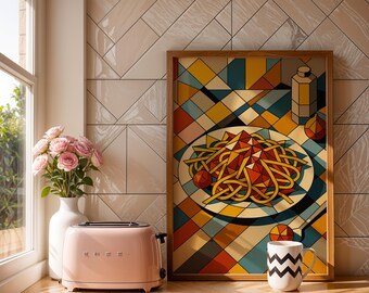 Kubistyczny makaron boloński, grafika ścienna do kuchni w stylu retro