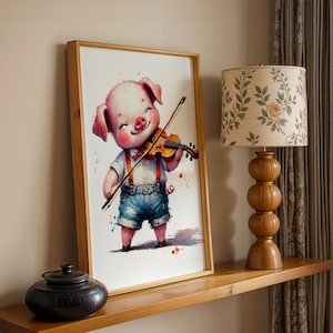 Cute piglet art, Nursery poster, Farm animal decor, Original drawing, Kids room decor, Funny musician, Baby animal print, Musical art