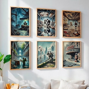 Post-apocalypskunst, SET van 6 robotmuurposter, uniek huisontwerp, originele aquareltekening, scifi-poster, dystopische poster