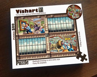 Può includere: Un puzzle da 500 pezzi con un'illustrazione colorata di un edificio con finestre. Il puzzle è intitolato "Vishart 7" e include il testo "Scopri cosa sta succedendo dietro le finestre chiuse". Il puzzle fa parte di una serie e include 3 carte collezionabili.