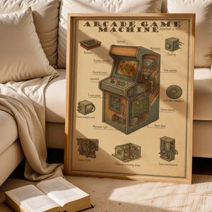 May include: A framed poster titled ARCADE GAME MACHINE Invented in 1895, featuring a detailed technical diagram of an arcade cabinet with labels for components like buttons, joystick, display monitor, power supply unit, and coin mechanism.