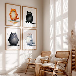Arte de pared de gato lindo, juego de 4, obra de arte original, gatos de acuarela, impresión de gato regordete, decoración de gato para guardería, regalo para amantes de los gatos, arte de habitación infantil
