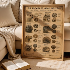May include: A framed educational poster titled THE ANATOMY OF ANIMAL COVERINGS, featuring illustrations and descriptions of eight animals including a polar bear, snow leopard, porcupine, alligator, camel, pangolin, raccoon, and hedgehog.