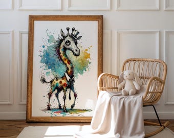 Giraffe wall art, Fantasy animal, Kids room decor, Nursery poster, Colorful giraffe print