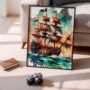 Pirate ship art, Nautical decor, Ocean wall art, Original watrcolor drawing, Maritime poster, Ship Illustration, Wall room decor