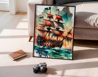 Lámina de barco pirata en acuarela, arte náutico para pared