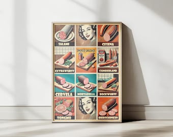 Sausage Types Retro Print: Kitchen Cafe Foodie Wall Art