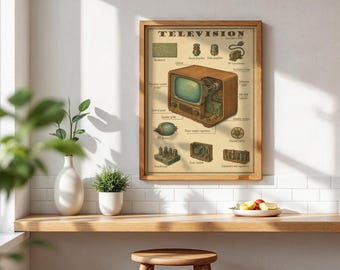 Retro TV poster, Vintage television art, Old tech art, Television parts print