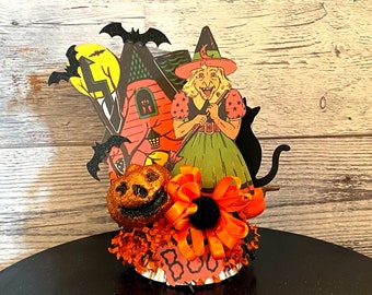 Vintage Witch Halloween Decor, Spooky Haunted House Assemblage Art