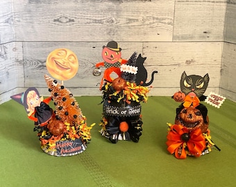Vintage Halloween Decoration Set: Witch, Cat, Jack O'Lantern Tart Tins