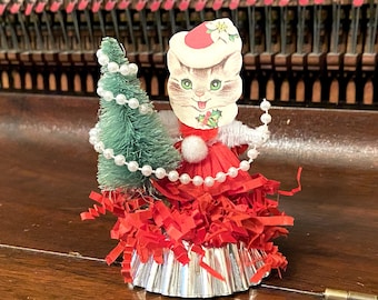 Vintage Christmas Decor Chenille Christmas Cat Decor Kitschy Christmas Decoration Retro Bottle Brush Tree Chenille Ornament Cat Decor