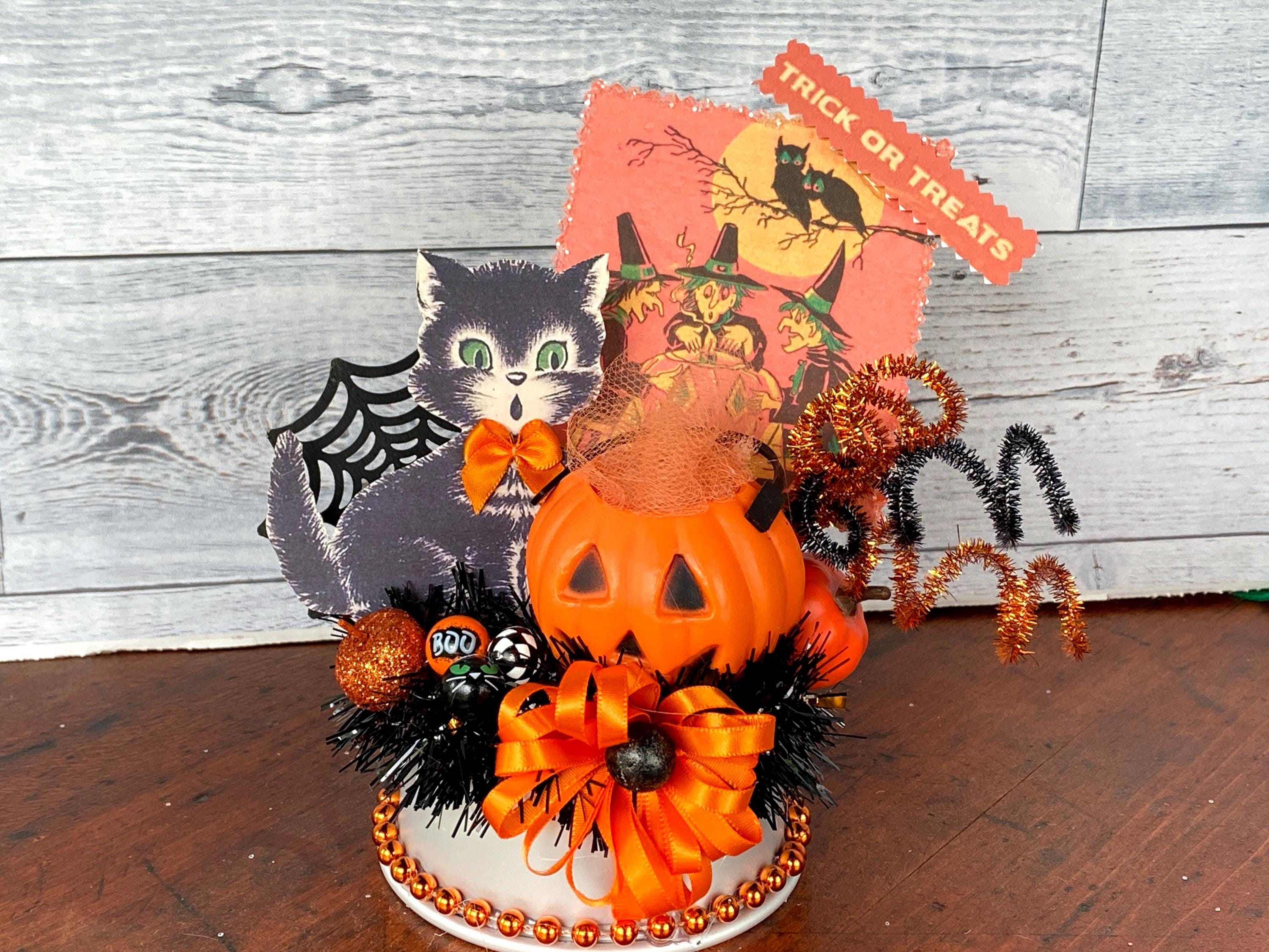 Retro Black Cat Halloween Decor, Witch Jack O Lantern Tier Tray Display ...