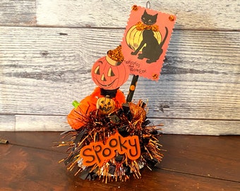 Vintage Halloween Jack O' Lantern Decor: Chenille Pumpkin & Black Cat Assemblage