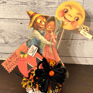 Retro Jack O Lantern Decor Vintage Halloween Decor Dancing Jack O Lanterns Kitschy Halloween Assemblage Moon Halloween Tier Tray Decor Owl