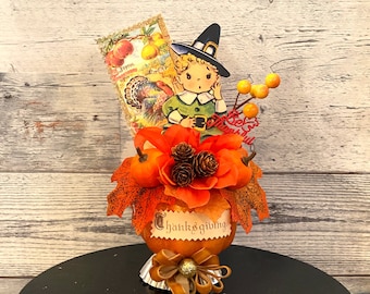 Vintage Pilgrim Thanksgiving Decor, Turkey Pumpkin Table Centerpiece