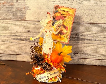 Vintage Thanksgiving Chicken Girl Decor, Fall Tiered Tray Display