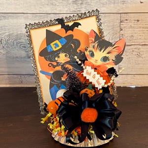 Retro Halloween Cat Decor Vintage Witch Halloween Decoration Kitschy Halloween Chenille Decoration Vintage Halloween Tier Tray Decor Trick