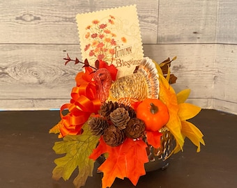 Vintage Thanksgiving Turkey Centerpiece, Autumn Foliage Decor
