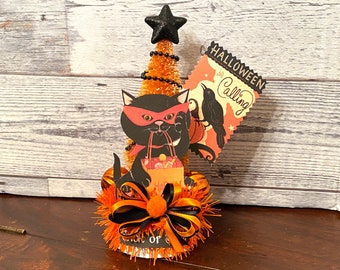 Retro Halloween Black Cat Decor Vintage Halloween Bottle Brush Tree Decor Unique Halloween Decor Cute Halloween Cat Tiered Tray Decor OOAK