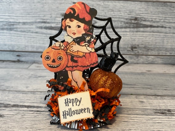 Retro Halloween Decor Trick or Treat Girl Spider Web Vintage - Etsy
