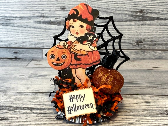 Vintage Halloween Double Sided Acrylic Charms - Orange Witchy Cat