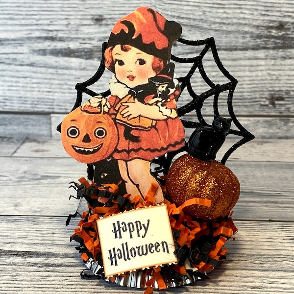 Retro Halloween Decor Trick Or Treat Girl Spider Web Vintage Halloween Decor Assemblage Art Happy Halloween Black Cat Table Decoration OOAK