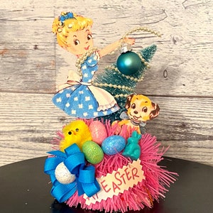 Kitschy MCM Easter Table Decor: Vintage Girl, Bottle Brush Tree Assemblage