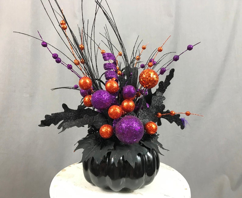 Black Pumpkin Centerpiece Halloween Decor Orange And Purple Etsy