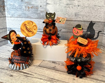 Retro Halloween Decorations Vintage Halloween Set of 3 Witch Jack O Lantern Black Cat Chenille Halloween Decor Vintage Tart Tin Mold OOAK