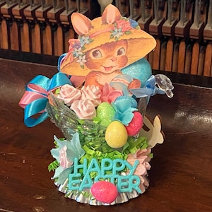 Retro Easter Bunny Vintage Easter Decoration Shabby Chic Happy Easter Bunny Kitschy Easter Table Decor Tier Tray Decor OOAK Retro Home Decor