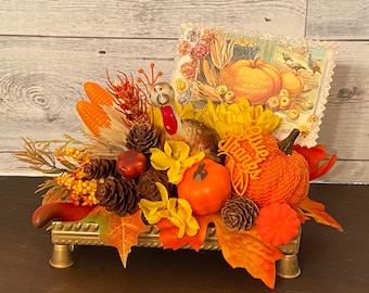 Vintage Turkey Thanksgiving Centerpiece, Kitschy Fall Decor