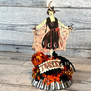 Art Deco Halloween Decor Halloween Flapper Girl Witch Decor Assemblage Table Decor VIntage Halloween Decoration Black Cat Trick or Treat