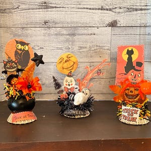 Vintage Halloween Folk Art Retro Halloween Trio Kitschy Jack O Lantern Black Cat Ghost Halloween Assemblage Halloween Home Decor Tier Tray