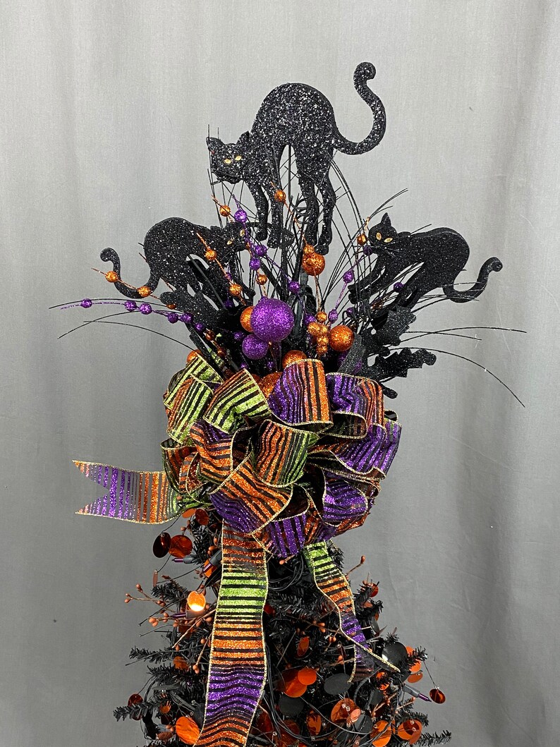 Black Cat Halloween Tree Topper Orange and Purple Tree Topper | Etsy