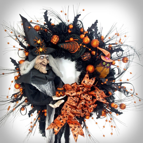 Witch Wreath / Halloween Wreath / Black Wreath / Witch Halloween / Halloween Decor / Black and Orange / Owl Wreath / Witch Hat